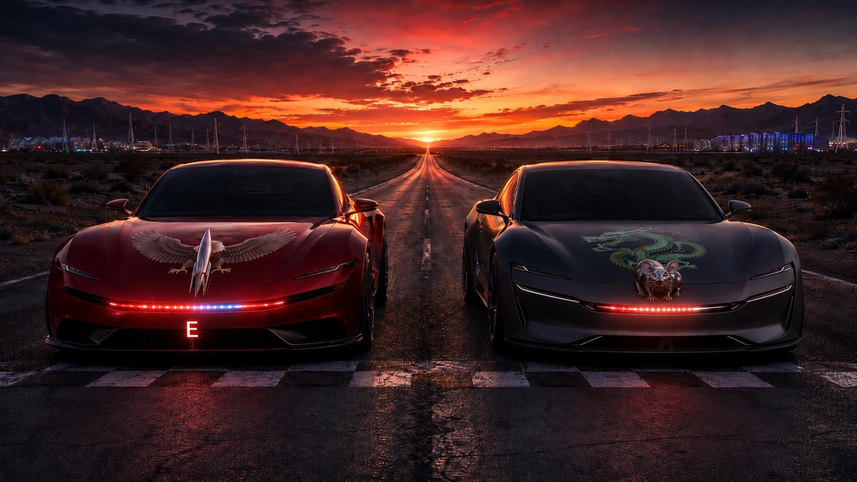 Two futuristic Knight Rider style cars at a desert starting line, one marked with an eagle and one with a dragon and rat, facing a long road into the sunset.