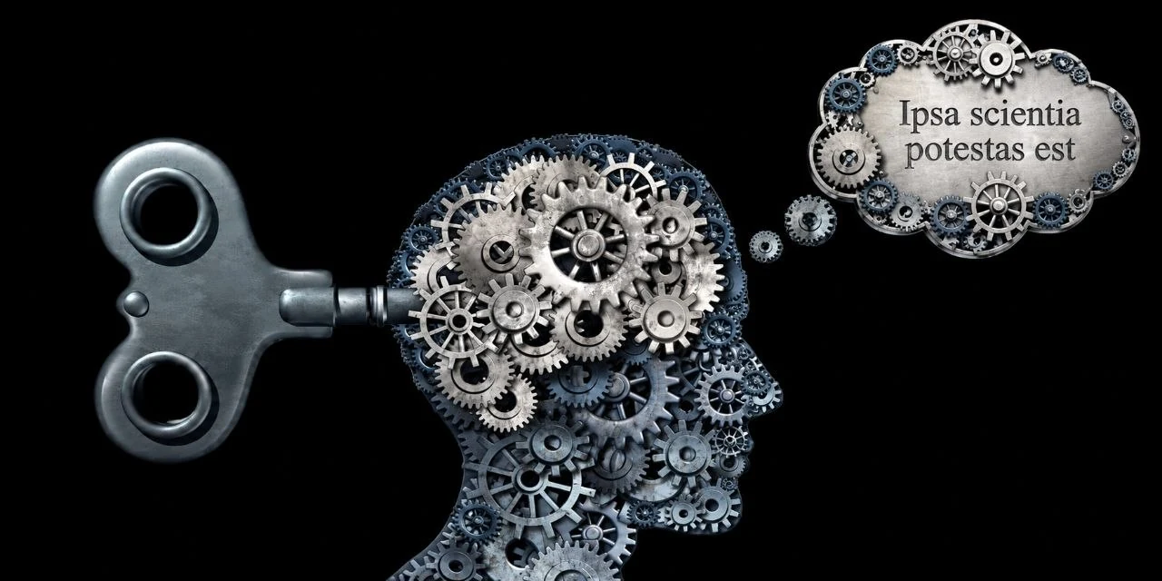 A human head in profile built of interlocking metal gears with a wind-up key in the back, a gear-rimmed thought bubble reading Ipsa scientia potestas est