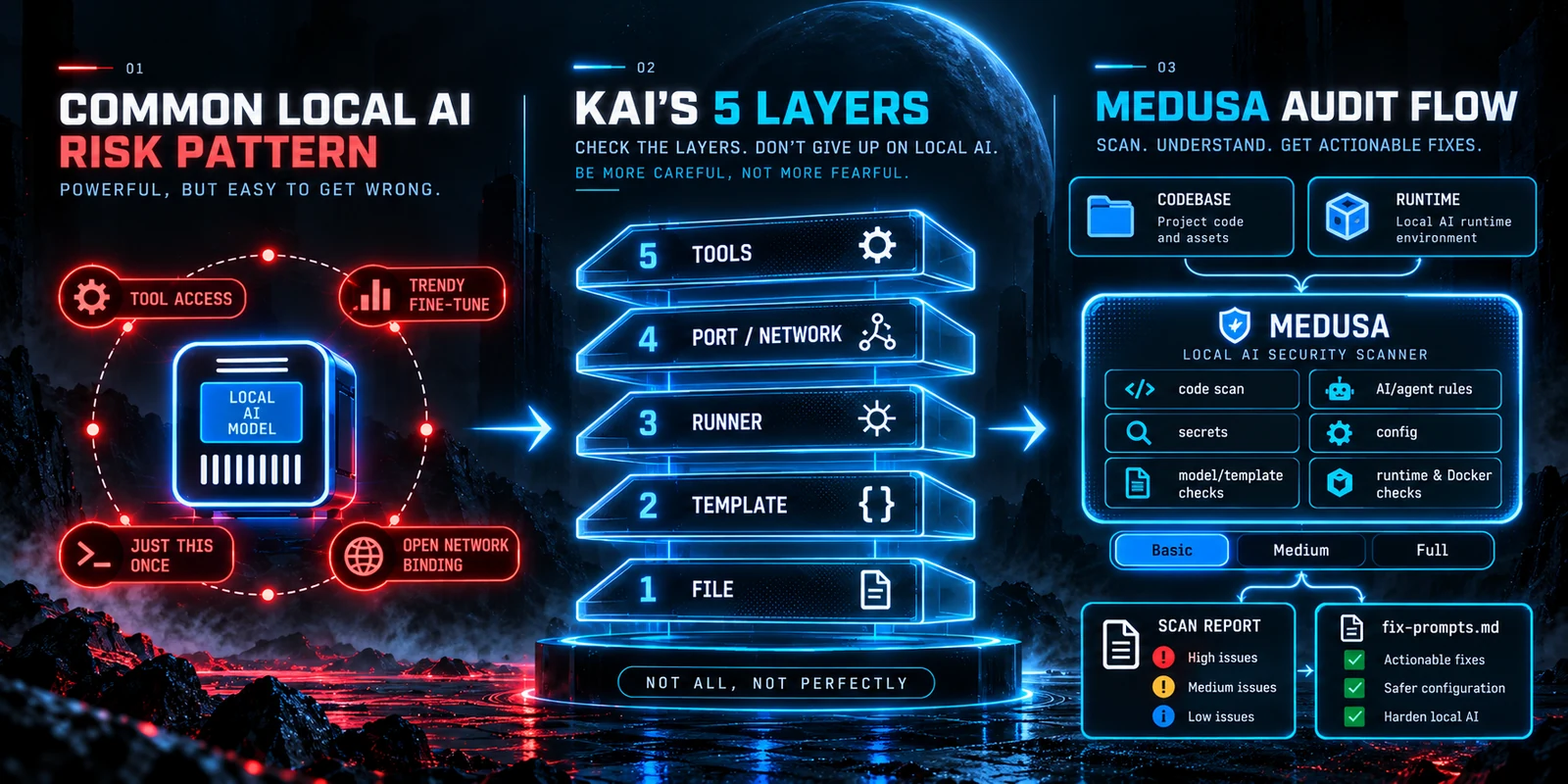 Three-panel diagram. Left: a local AI model ringed by common risks: tool access, a trendy fine-tune, a just-this-once command and an open network binding. Middle: Kai's five layers stacked as file, template, runner, port and network, and tools. Right: the MEDUSA audit flow, scanning project code and the local AI runtime in Basic, Medium or Full mode and producing a scan report and fix-prompts.md.