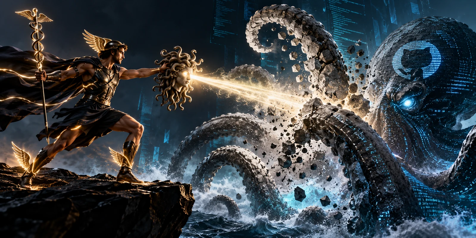 Hermes, in a winged helmet and sandals, stands on a sea cliff holding up the glowing head of Medusa, whose gaze turns the tentacles of a giant kraken made of code to crumbling stone.