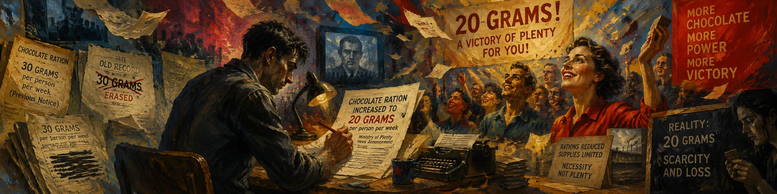 Winston at his desk rewriting a newspaper to read 'Chocolate ration increased to 20 grams' while the crossed-out old record shows 30 grams and a celebrating crowd cheers a banner reading '20 grams! A victory of plenty'