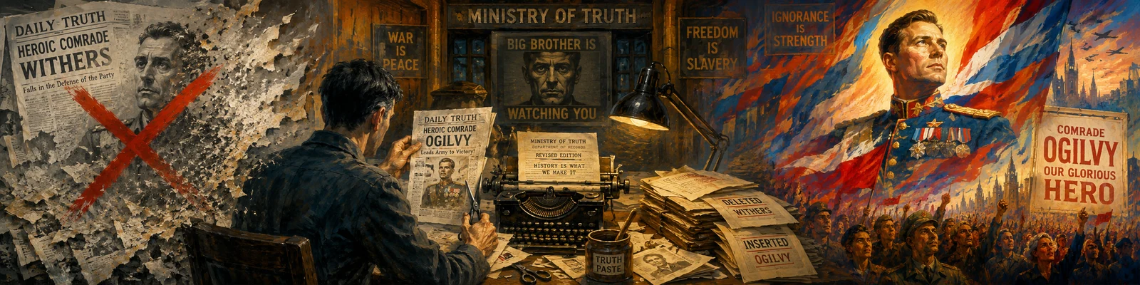 Under a 'Big Brother is watching you' portrait, Winston strikes the disgraced Comrade Withers from a newspaper with a red cross while a glorious poster of the invented hero Comrade Ogilvy is raised over a cheering crowd — an erased man replaced by a plausible fiction