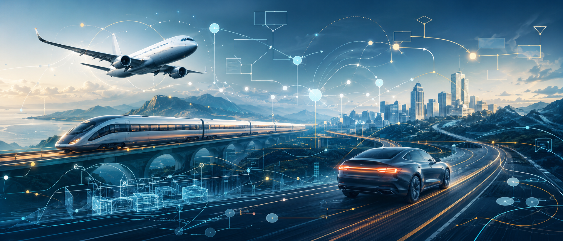Aeroplane, high-speed train and automobile connected by a visual modelling network.