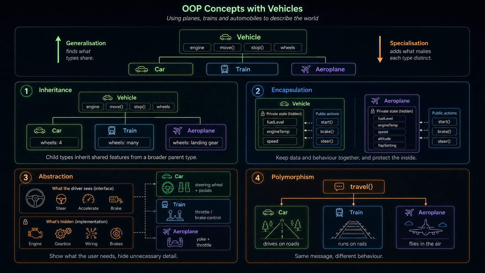 Object-oriented programming concepts illustrated with cars, trains and aeroplanes.