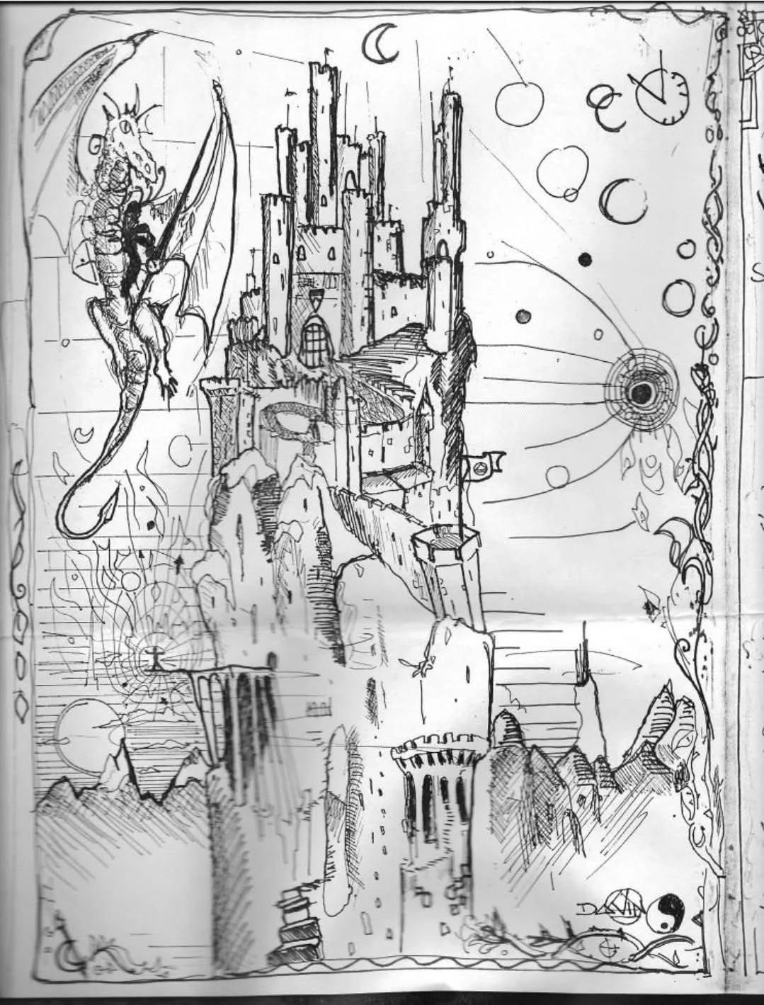 Davin's pen-and-ink drawing of a great dark tower with a winged Ringwraith circling it