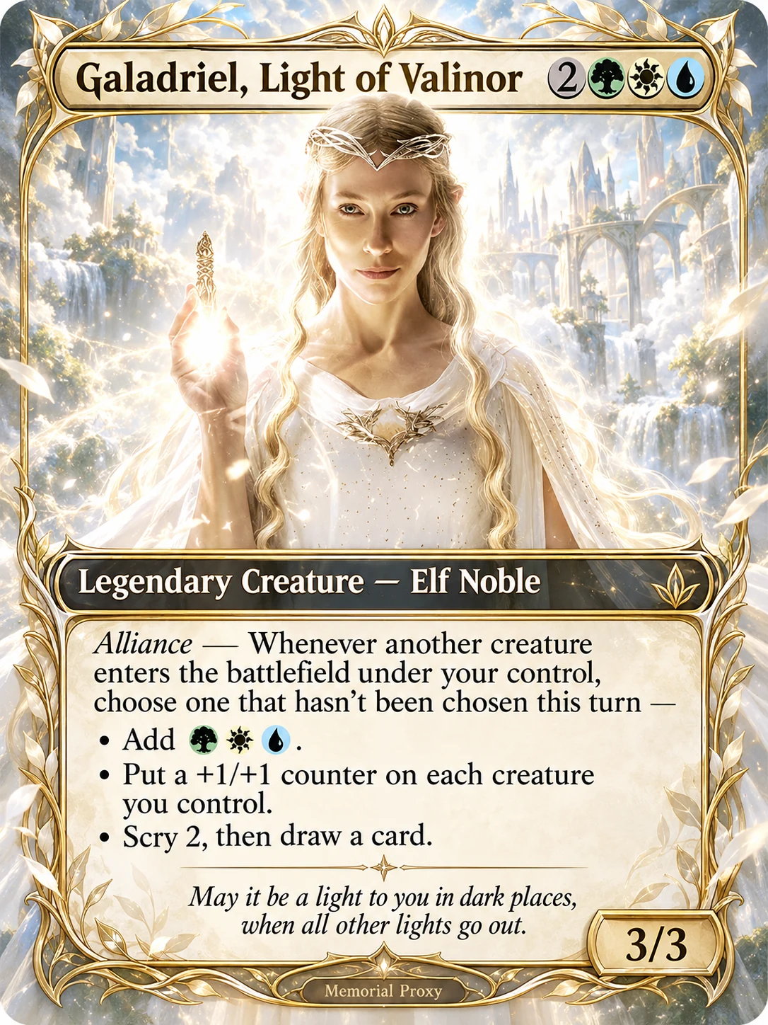 A memorial Magic: The Gathering card, Galadriel, Light of Valinor, with the words: May it be a light to you in dark places, when all other lights go out