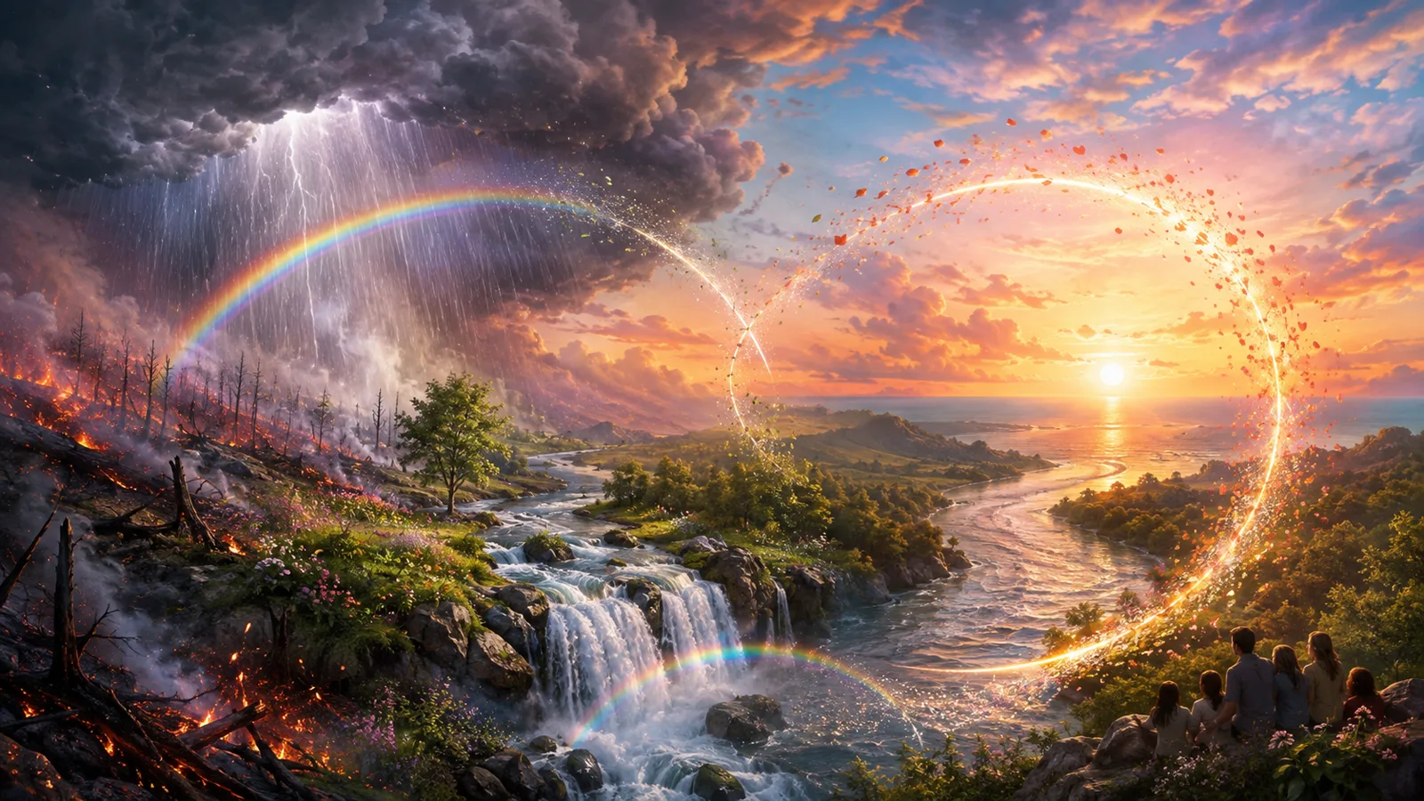 A single wide landscape divided between two weathers: on the left a burnt forest under storm and lightning, embers still glowing in fallen timber; in the centre a rainbow arcs over new green growth and a waterfall running clear over rock; on the right the river widens through meadow and woodland toward a sunlit sea, a ring of light and drifting petals curving above it, with a small group of people sitting together on the near bank watching the water go down to the ocean.
