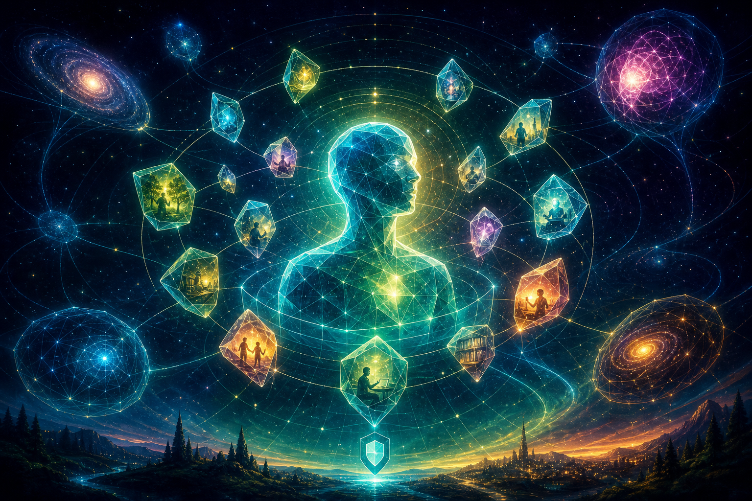 A groovy retro-futurist visualisation of Project Shards: a personal intelligence at the centre, surrounded by local shards and connected communities