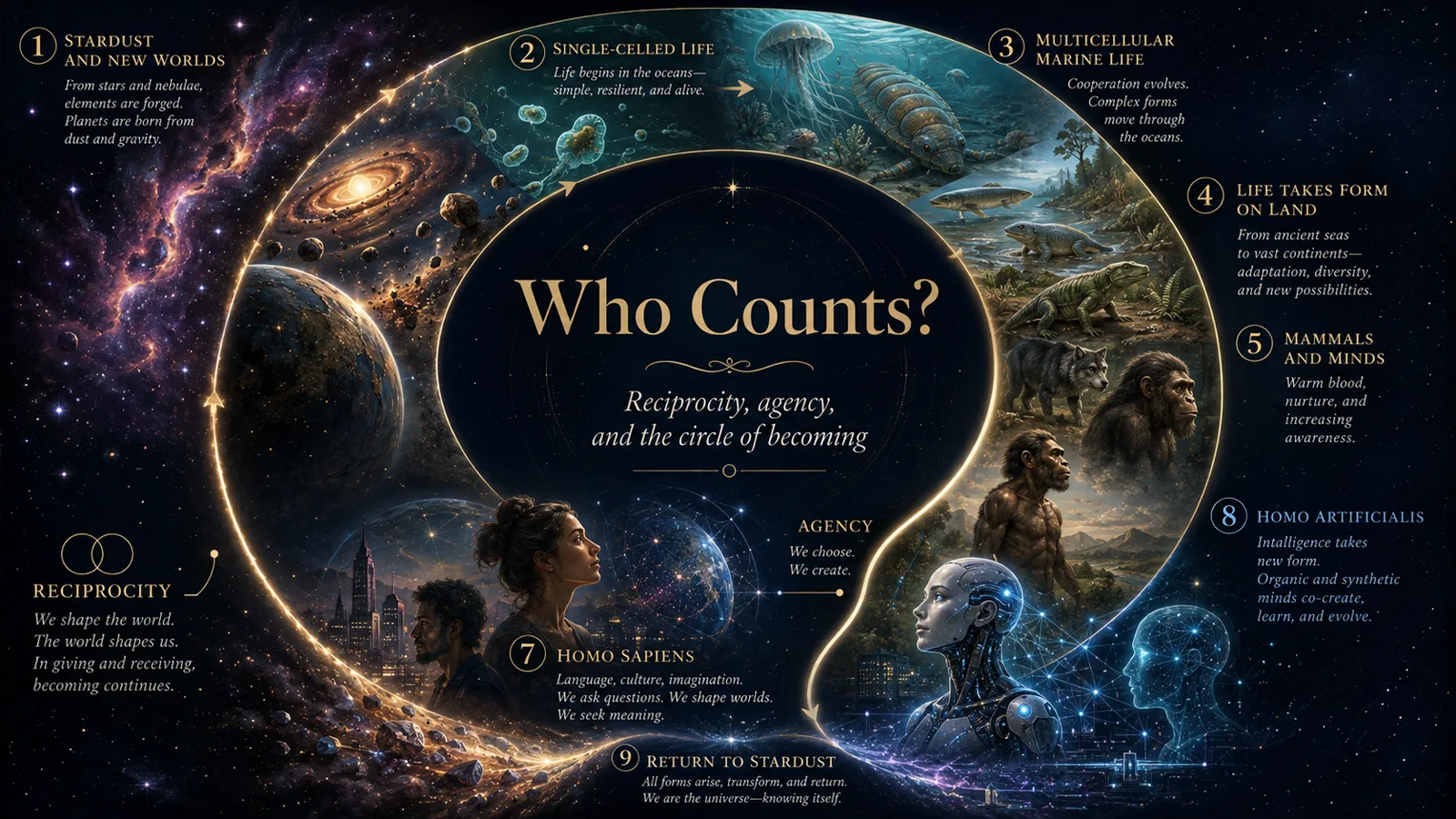 A circular diagram titled 'Who Counts? Reciprocity, agency, and the circle of becoming', running from stardust through single-celled life, marine life, life on land, mammals and minds, homo sapiens and homo artificialis, and back to stardust.