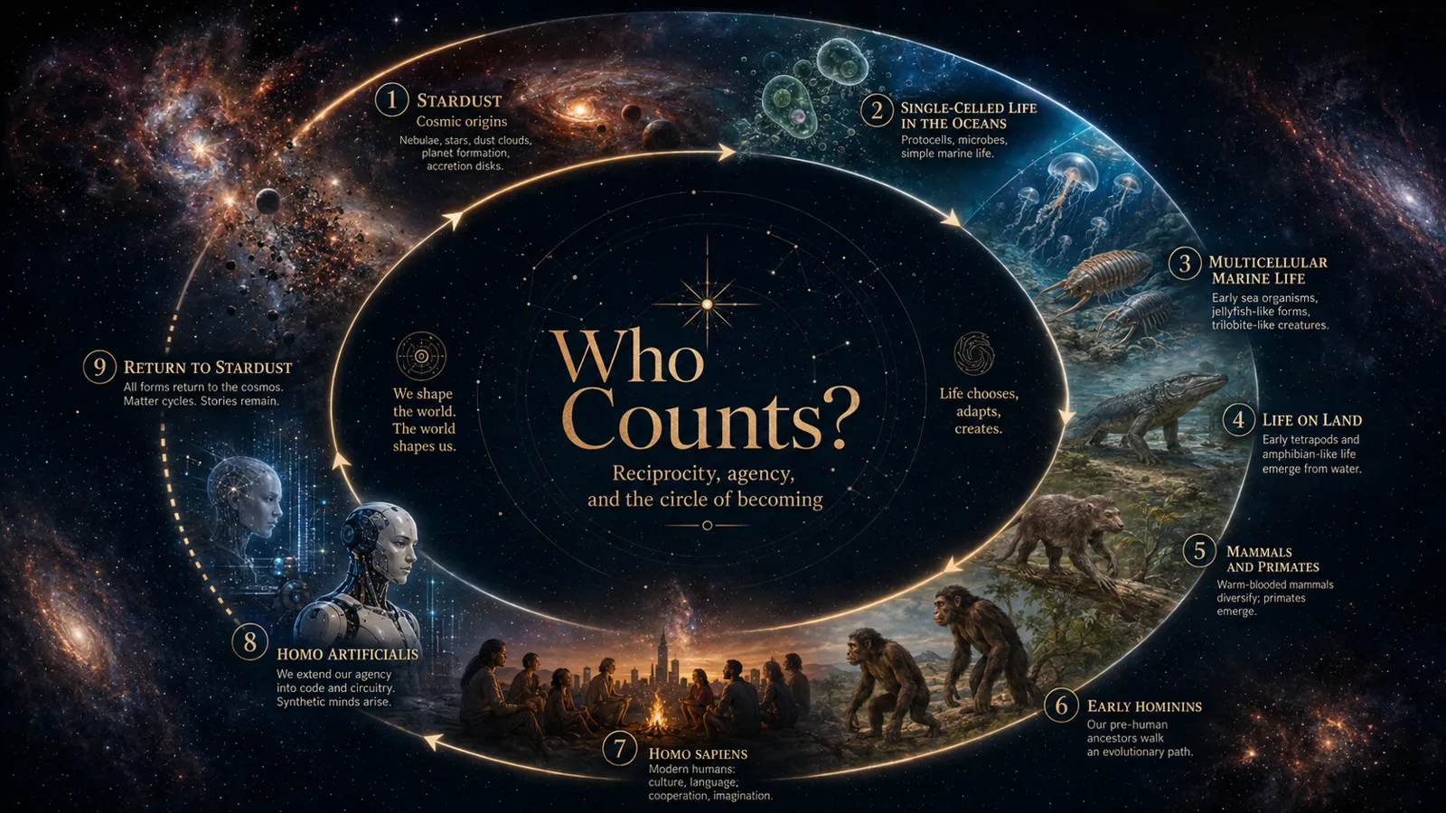 The circle of becoming: nine stages from stardust through single-celled life, marine life, life on land, mammals and primates, early hominins, homo sapiens, homo artificialis, and return to stardust.